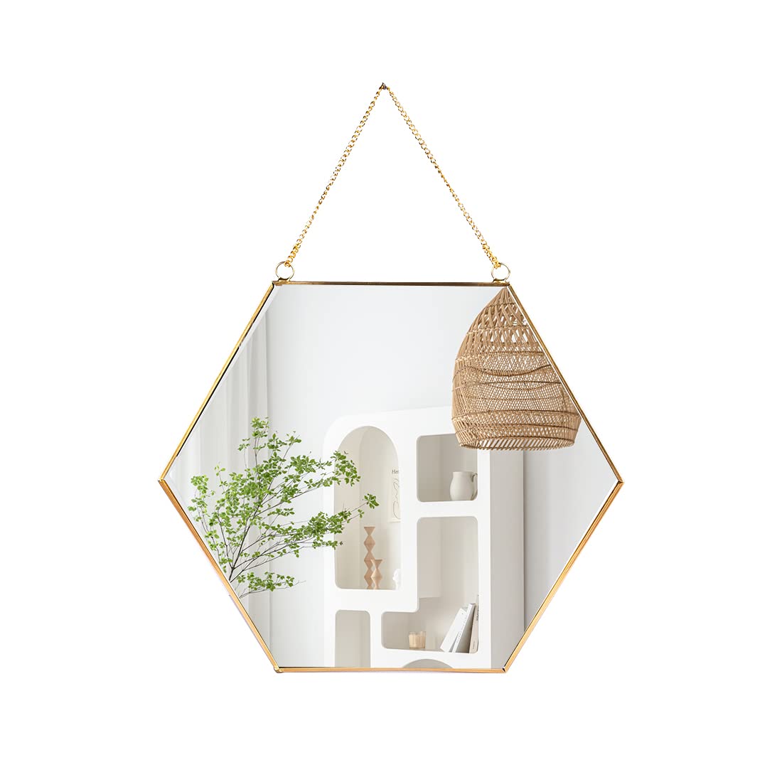 LONGWIN Hanging Wall Hexagon Mirror Decor Gold Geometric Mirror with Chain for Bathroom Bedroom Living Room 11.8"x 10.2"