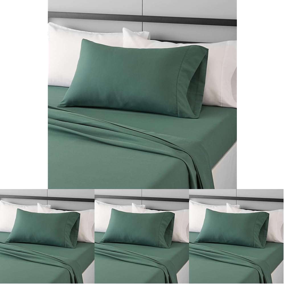 Amazon Basics Lightweight Super Soft Easy Care Wrinkle Free Microfiber 3 Piece Bed Sheet Set with 14-Inch Deep Pockets, Twin, Emerald Green, Solid, Kids, Men & Women Bedding (Pack of 4) Image