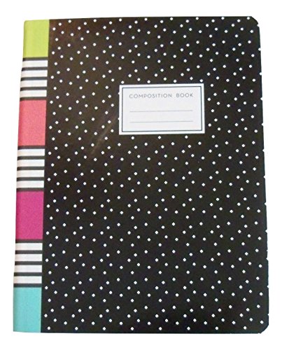 Studio C Carolina Pad Wide Ruled Composition Book ~ Whimsical Flower (Black with White Dots and Colorful Patches Among Striped Binding; 7.5