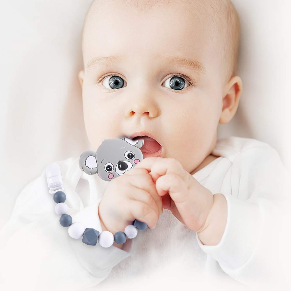 Dummy Clips Baby Pacifier Clips Unisex Baby Soother Chains Dummy Chain Silicone for Girls Personalised Teething Silicone Beads with Cute Animals Teether Toys for Boys (Gray)