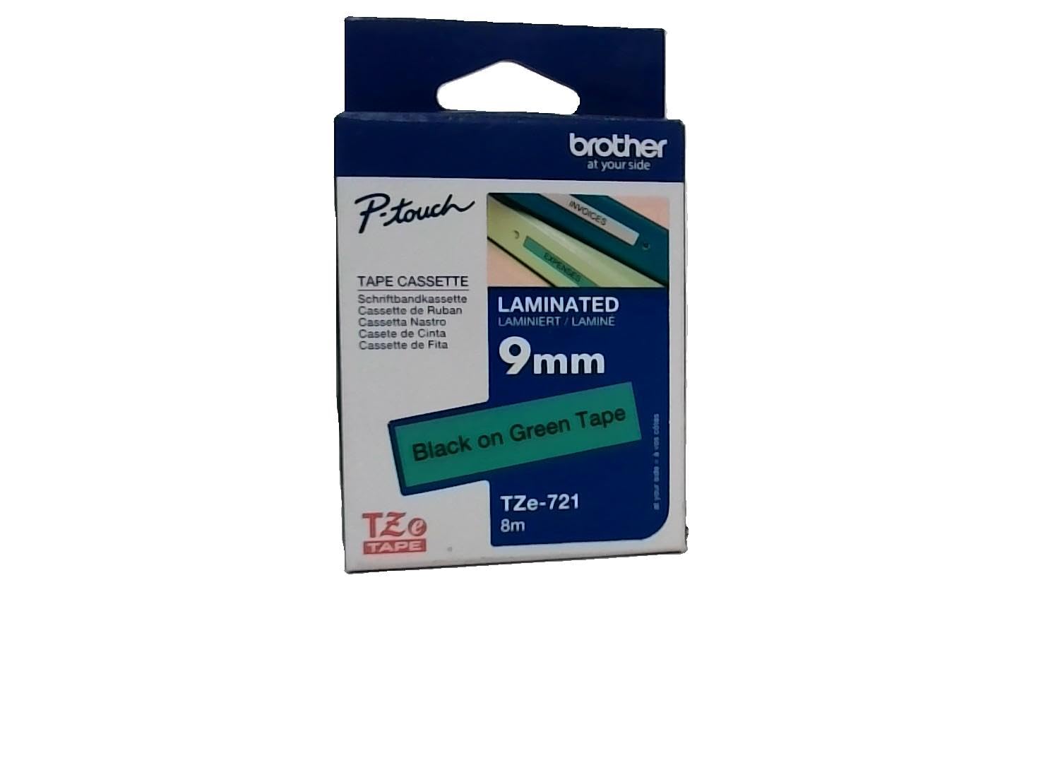 Brother TZe-721 Labelling Tape Cassette, 9 mm (W) x 8 m (L), Laminated, Brother Genuine Supplies - Black on Green