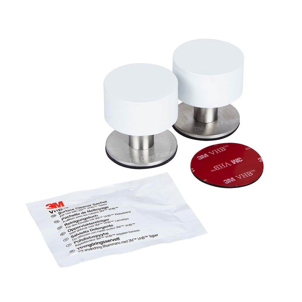 The Dove Factor White Self-Adhesive Door Stop, Made of Stainless Steel with Sound Dampening Bumper Top Plus Extra 3M Sticker and a Surface Preparation Wipe (Pack of 2)
