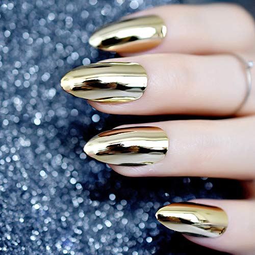 96Pcs Stiletto Fake Nails Full Cover Metal Mirror Reflection Glitter Sequins Medium Length False Acrylic Nail Kits（Gold and Silver Multicolor Mixed Series） - Thumbnail 5