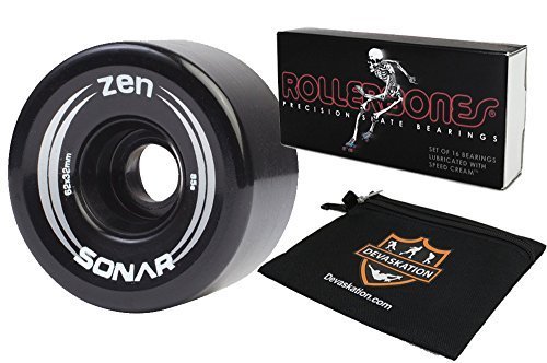 Radar Zen Outdoor Roller Skate Wheels Black with Roller Bones 8mm Bearings and Devaskation ToolBag - Black Wheels 8pk
