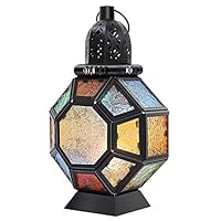 Lewondr Retro Iron Candlestick Holder, Portable Moroccan Wrought Iron Stained Glass Candle Holder Hanging Lamp Horse Light Wind Lantern for Home Decor - Black + Colorful