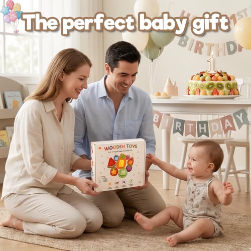 jerryvon Montessori Toys 1 Year – Baby Toy 1 Year Wooden with 8 Fruits and Vegetables to Fit and Stack – Original Gift Baby Girl Boy 1 2 3 Years – Toys Children 1 Year Educational Toy