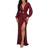 HWP Women Deep V Neck Dress Sexy Long Sleeve Maxi Dress Elegant High Split Formal Cocktail Party Maxi Dress