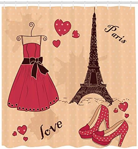 Tomalillin Heels and Dresses Paris Boutique French Retro Dress Shoes Eiffel Tower Dark Brown Pink Pale Salmon Polyester Bathroom Decor with Hooks Mildew Resistant Waterproof Shower Curtain