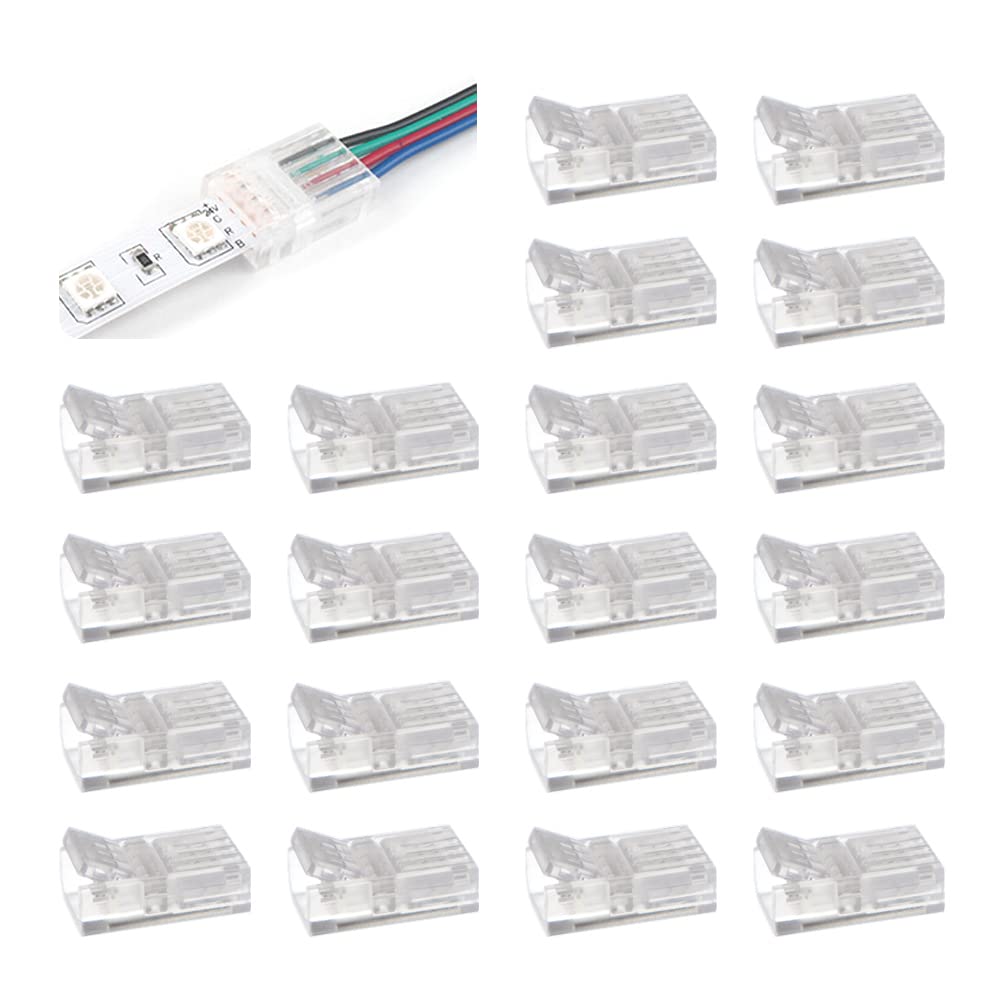 Chihutown 20pcs 4-Pin 10mm LED Strip Light Connectors - Solderless, Gapless Quick Connectors for Strip-to-Wire, No Wire Stripping Needed (Transparent) — image 1