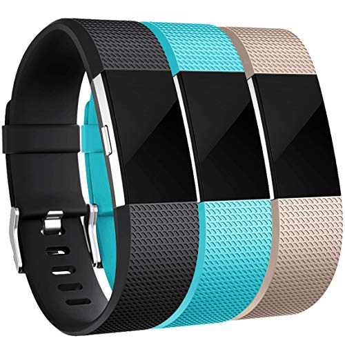 Maledan Bands Replacement Compatible with Fitbit Charge 2, 3-Pack, Black/Teal/Champagne, Large