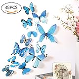 48 PCS Removable 3D Butterfly Wall Stickers Decals DIY Wall Art Decor Home Wall Decoration Sticker Mural for Kids Girls Children Bedroom Living Room Background Nursery (Blue)