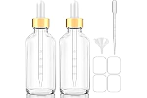 BUMOBUM Glass Bottle with Dropper, 4 oz Clear Golden Cap Eye Dropper Bottle for Essential Oils with Labels and Funnel, 2 Pcs Empty Tincture Bottles with Unbreakable Plastic Eye Dropper with Measurements