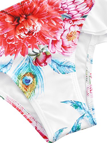 SOLYHUX Women's Flower Print Ruffle Strap Bikini Set White L - Thumbnail 3