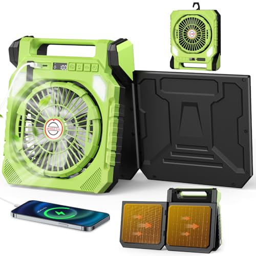 Astarama Solar Camping Fan with 2 Solar Panels,20000mAh Rechargeable Battery,LED Light,Shaking Head,Digital Display,Flashlight,Timer,4 Speeds. Portable Fan for Travel Outdoor Camping Gadgets (Green)