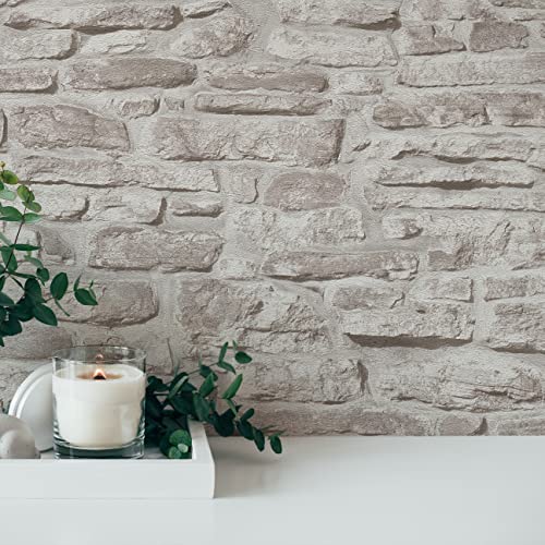 A.S. Creation Greige Grey Bricks & Stones 388153 Non-Woven Wallpaper Natural Stone Wallpaper 10.05 m x 0.53 m Made in Germany