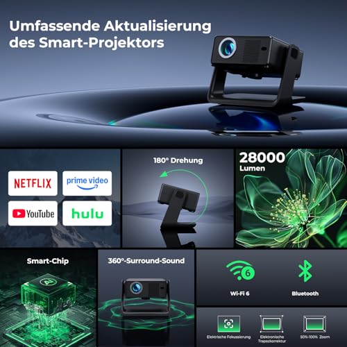 Projector Compatible with Netflix 28000 Lumens, Mini Projector 4K Supports Native 1080P, WLAN 6 and Bluetooth, Electric Focus and 4D Keystone, Over 100,000+ Apps, Home Cinema / Outdoor