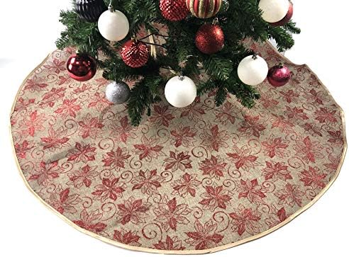 47" Khaki Burlap with Red Poinsettia Flowers Christmas Tree Skirt