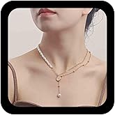 Iaceble Boho Layered Pearl Coin Choker Necklace Pearl Y Lariat Necklace Gold Medallion Pendant Necklace Short Paperclip Chain Necklace Jewelry for Women
