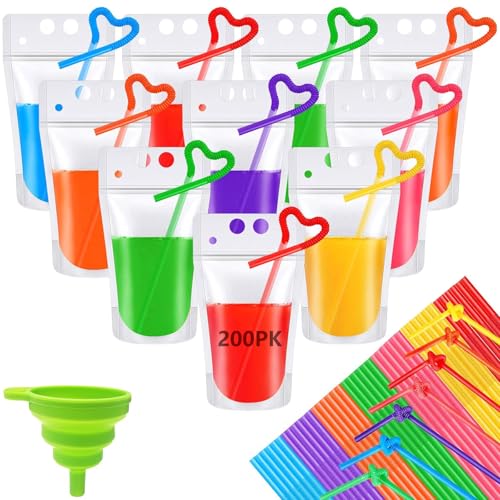 YUTVXAC 200 Piezas bolsas para bebidas con popote,Bolsas de Zumo Transparentes Reutilizables,con 200 pajitas y Embudo,Adecuado para almacenar jugos,batidos,bebidas calientes y bebidas frías.