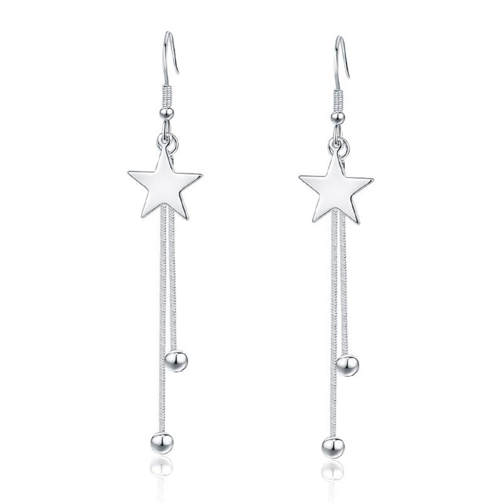 Kamise Silver Drop Earrings for Women, 925 Sterling Silver Drop Earrings with Two Long Tassel Ball Chain, Star Dangle Hook Earrings Gifts for Christmas Birthday Valentines Anniversary with Gift Box