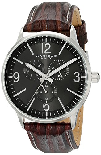 Akribos XXIV Men's AK769SSB Multifunction Quartz Movement Watch with Black Dial and Brown with White Stitching Leather Strap