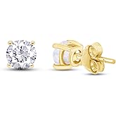 Birthstone Stud Earrings for Women, 4mm Round Simulated Gemstone Studs in 14K Gold Plated 925 Sterling Silver Push Back Earrings, Jewelry Gift for Her (0.5 Ct)