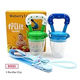 Baby Food Feeder, Silicone Pacifier Teething Toy - Maberry Mesh with Fresh Fruit Vegetable for Infants, Toddlers, and Kids - 2Pack (Blue&Green) (Blue / Green)