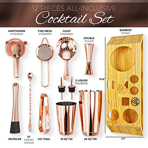 12-teiliges Cocktail-Shaker-Set mit Bambusständer, beschwerte Shaker und Bar-Werkzeuge aus hochwertigem Edelstahl 304… – Bild 3