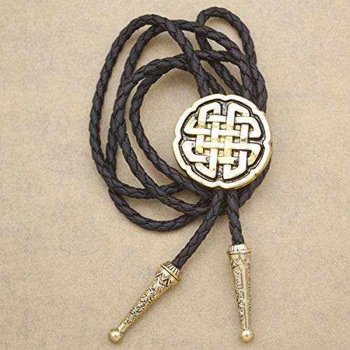 RechicGu Vintage Gold Western Celtic Trinity Cross Knot Leather Rodeo Wedding Necktie Bola Bolo Tie