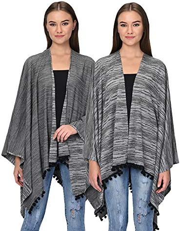 Women's Front Open V Cut Reversible Tassel Knitted Cape Wrap Poncho (Multicolour, Free Size)