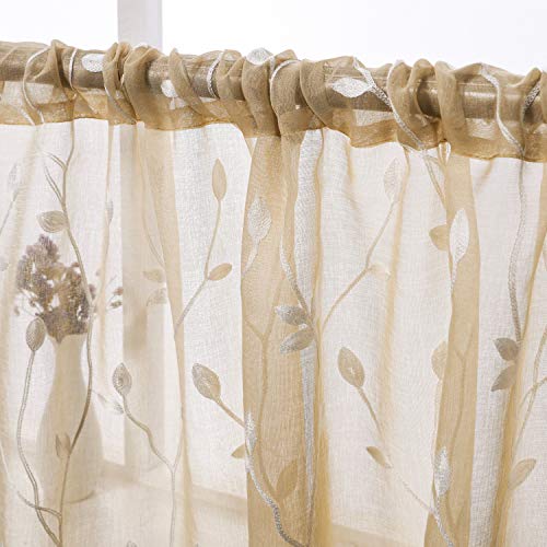 AmHoo Floral Leaf Embroidery Semi Sheer Curtain Rod Pocket Voile Sheer Curtains Set of 2 for Living Bedroom Window Treatment (Linen, 53 x 63) - Thumbnail 5