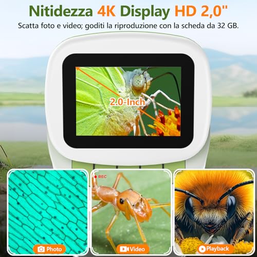 Children's Microscope 6-12 Years Digital Portable with Stand and 4K 2 Inch Screen, 1000 x Scientific Kit Christmas and Birthday Gift for Boys and Girls