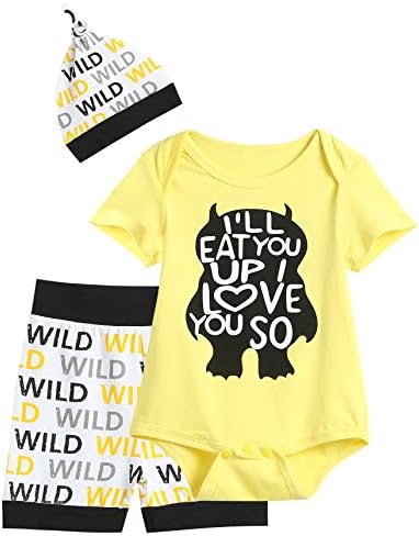 Baby Boys' Outfit Set Funny Monster Print Short Sleeve Bodysuit Romper Pants with Hat (Yellow, 0-3 Months)