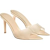 RYNKOMA Women'S Clear Pointed Open Toe Stiletto Heel Slide Sandals Fashion Sexy Slip On Transparent Strap High Heels Mules Summer Backless Party Wedding Prom Dress Shoes