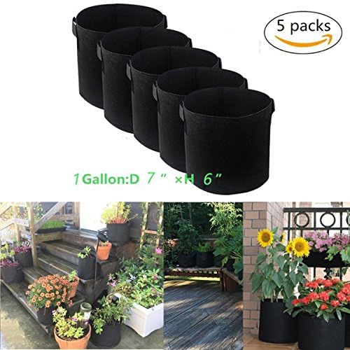 VCjuice 5 packs 1 Gallon Garden Fabric Grow Bags, H18D16cm Felt Breathable Pots Planters Root Pouch Black with Handles