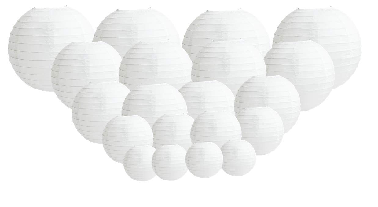 20 PCS Paper Lanterns, Round White Paper Lantern with Wire Ribbing, Different Sized White Lampshades, 4" 6" 8" 10" 12" Paper Lampshades for Weddings, Parties, Celebrations, Patios and Rooms