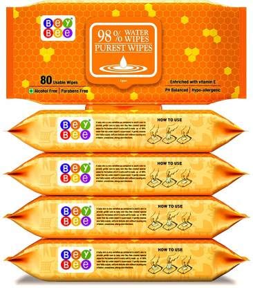 Bey Bee Paraben Free Hypoallergenic Baby Water Wipes For New Born Babies 5 Packs 400 Pcs With Lid/Fliptop