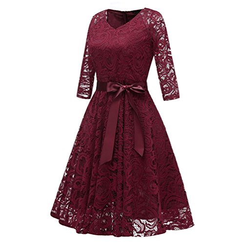 Women Vintage Princess Floral Lace Cocktail V-Neck Party A-line Swing Dress Wine