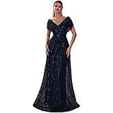 Giffniseti Women's V Neck Sequin Ball Gown Formal Maxi Dress A-Line Prom Evening Party Gowns