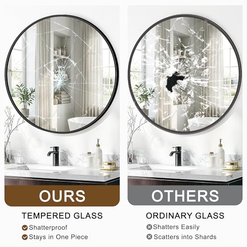 Round Bathroom Mirror for Wall, 2 Pack 26" Black Circle Mirror, Tempered Glass Bathroom Mirror for Over Sink, Modern Metal Framed Round Vanity Mirror for Entryway, Bedroom, Living Room