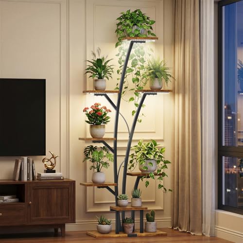 Kalrin 8-Tier Plant Stand Indoor with Grow Lights, 63" Tall Lighted Corner Plant Stands for Indoor Plants, Metal Plant Flower Display Shelves, Plant Shelf Plant Rack for Home, Living Room (Brown)