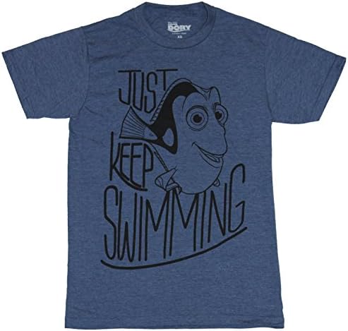 Finding Dory Nemo Mens T-Shirt - Just Keep Swimming Dory Line Drawing Image (X-Small) Heather Blue