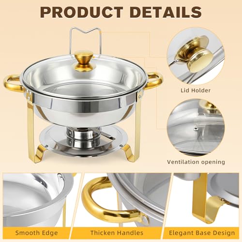 food Warmer Server, Chafing Dish Buffet Set, Round Catering Warmer Server Stainless Steel with Glass Lid, Water Pan, Lid Stand, Fuel Holder Cover (2pcs)