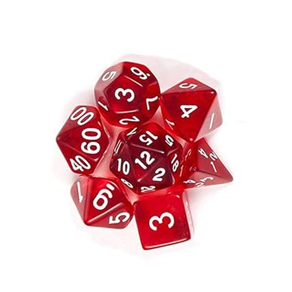 SaiDeng 7pcs Dice Set Translucent Polyhedral Craps Set for Dungeons Dragons Pathfinder D&D RPG (D4 D6 D8 D10 D12 D20 D%) Red