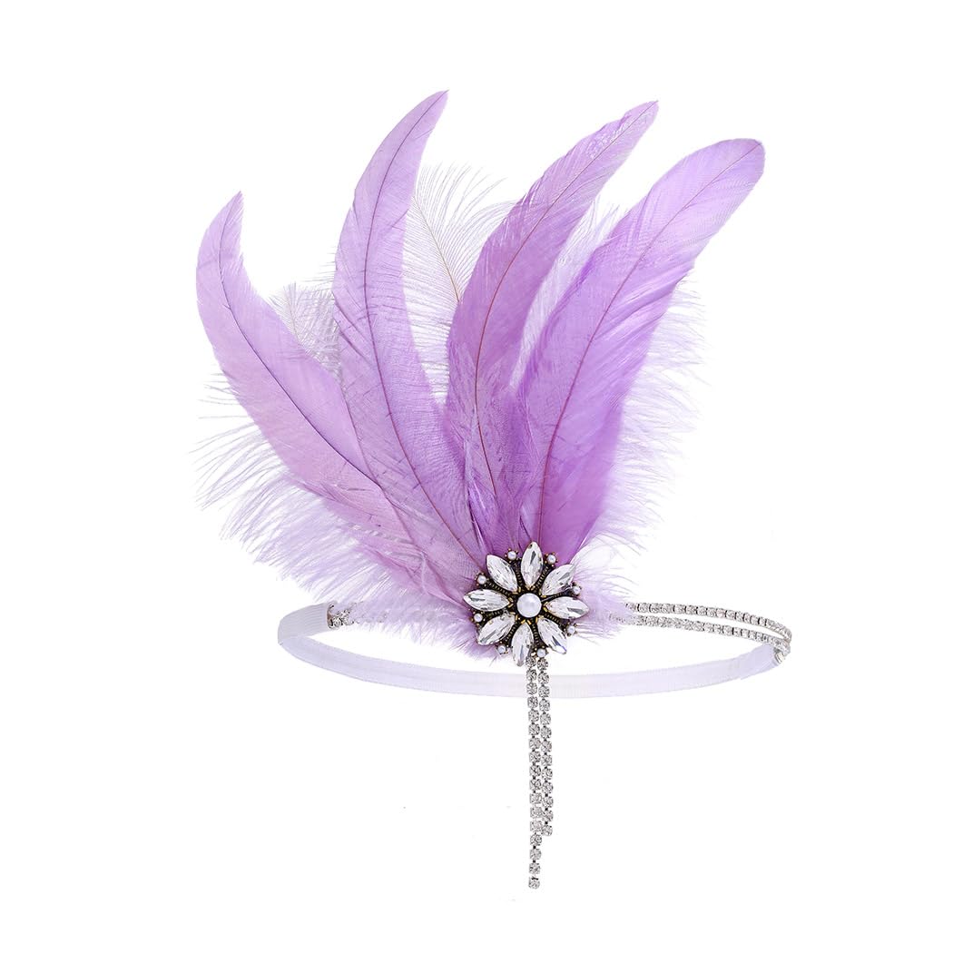 IYOU 1920s Feather Flapper Headpiece Light Purple Crystal Gatsby Headband Prom Wedding Hair Accessories for Women
