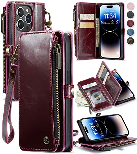Defencase Compatible with iPhone 14 Pro Case Wallet with Card Holder for Women Men, Soft PU Leather Magnetic Snap Flip Zipper Strap Wallet Phone Case Fit for iPhone 14 Pro 6.1", Wine Red