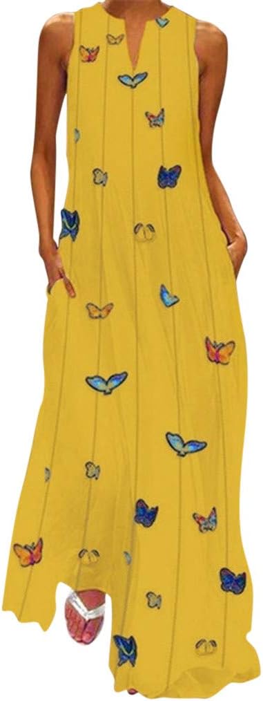 KPILP Women Dress Casual Butterfly Print Dress Sleeveless Loose Party Long Dress Summer Fashion Beach Elegant Maxi Dress