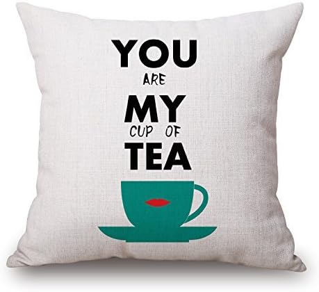 UTF4C 18 x 18 Inches Cotton Linen Square Decorative Throw Pillow Case Cushion Cover Simple Sweet Words Quote for Couple Lovers You Are My Cup Of Tea 18" X18 -White