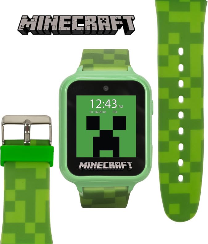 Minecraft Kids LED Smartwatch with 10 Creeper and Mob Watch Faces, Step Counter, Selfie Camera, Video Recorder, Voice Recorder, Timer, Fun Games, Calculator, and Wallpapers – Fits Wrists 5.5