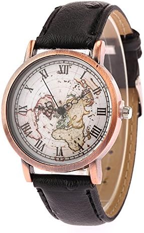 Women's Retro World Map Pattern PU Leather Strap Wristwatch - Blcak